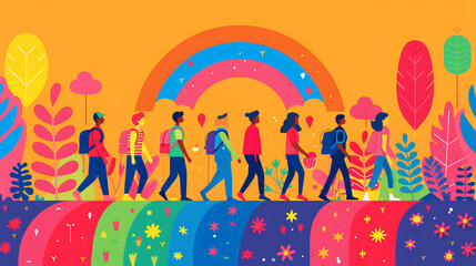 Happy pride month, diverse people walking on the colorful road