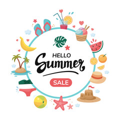 Summer round frame, copy space, template. Cartoon vector illustration. Flat design. Hello summer voucher lettering. Summer sales coupon design template. Vector Summer Discount banner. Vacation concept