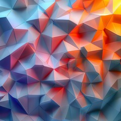 Obraz premium Geometric 3D background with a mosaic of colorful polygonal shapes in shades of blue, red, and orange, creating a dynamic and visually striking effect.
