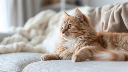 A ginger tabby cat with white chest fur relaxes on a white couch, looking off to the side. The cat is lying on its belly with its paws tucked under its body.