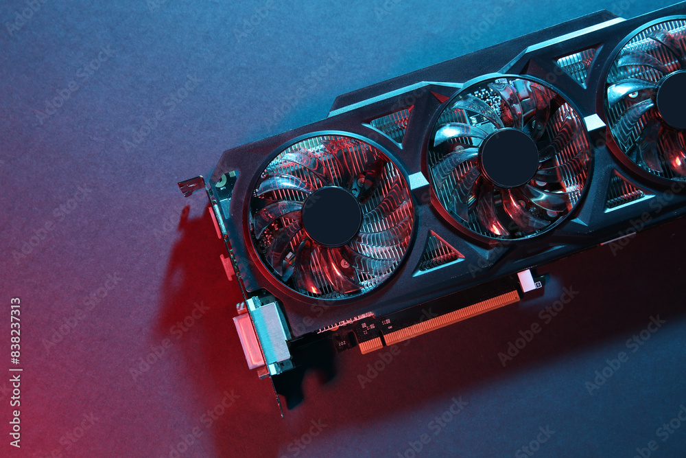 Fototapete computer graphics card on color background, top view. space for text