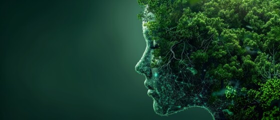Abstract art of a human silhouette filled with dense greenery, symbolizing a deep connection with nature and the environment.