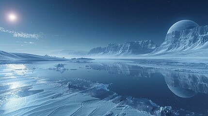 A frozen exoplanet with a surface covered in ice and crystalline structures, illuminated by the faint light of a distant star, creating an eerie, reflective landscape. shiny, Minimal and Simple,