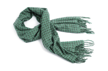 One beautiful green scarf on white background, above view