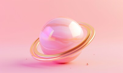 Obraz premium Three-dimensional rendering of a floating ball with golden ring and orbital sphere. This image is in pink color.