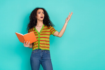 Photo portrait of lovely young lady recite poem read book dressed stylish striped garment isolated...