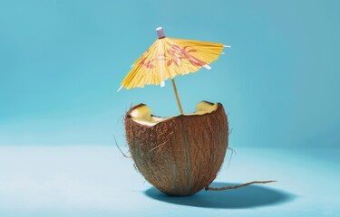 A mini coconut cocktail with an umbrella on a blue background, minimal concept photography. Summer vacation concept