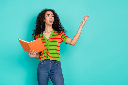 Photo portrait of lovely young lady recite poem read book dressed stylish striped garment isolated on cyan color background
