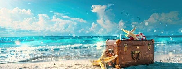 Beach Preparation - Accessories In Suitcase On Sand
 Copy space featuring the well-packed beach bag,