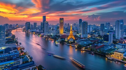 Obraz premium Aerial view of Bangkok city Panorama at twilight scene, Chao Phraya River during sunset sky, Bangkok, Thailand