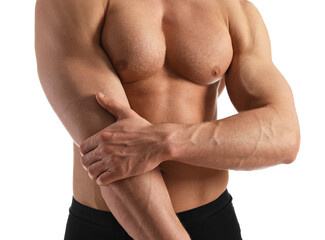 Man with muscular body on white background, closeup