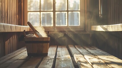 The interior of the wooden steam room with an iron and wood bucket for water, spa in nature