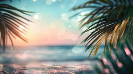 Abstract summer scene with blurred ocean, palm leaves, and defocused bokeh lights. A dreamy seaside view.