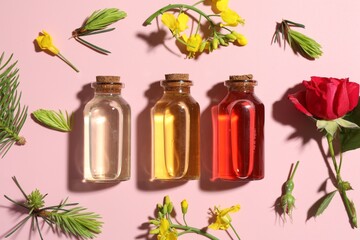 Aromatherapy. Different essential oils, fir twigs and flowers on pink background, flat lay