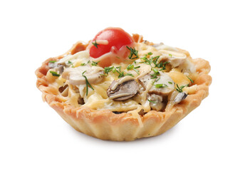 Tasty tartlet with cheese, tomato, mushrooms and dill isolated on white