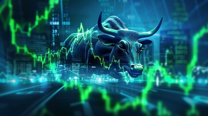 A digital illustration of a bullish stock market trend with green arrows and rising charts