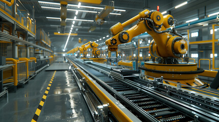 A smart factory with autonomous robots and automated production lines, showcasing the efficiency brought by digital technology in manufacturing