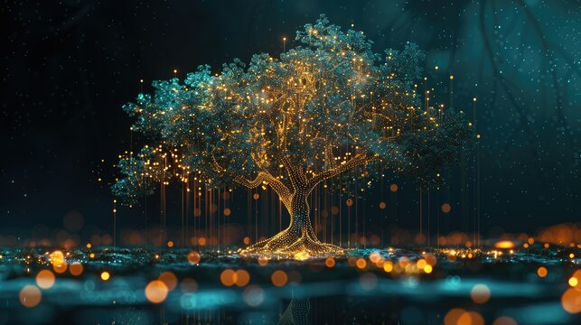 A luminous tree with digital elements, set against a dark, modern background, showcasing the tech-nature blend