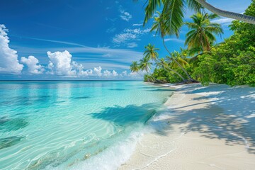 Beach with palm trees and clear blue water under a sunny sky summer day, ,happy summer day,