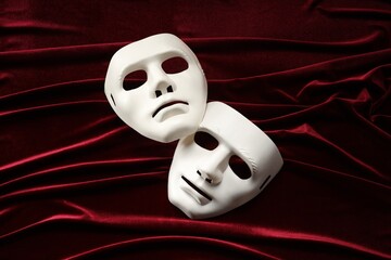 Theater arts. White masks on red fabric, above view
