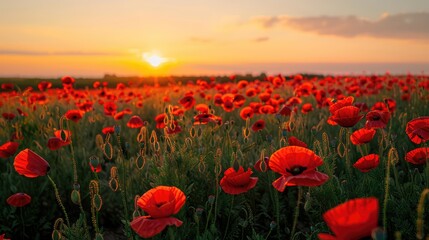 A vibrant poppy field at sunset with a dramatic sky full of colorful clouds, the poppies glowing in the warm evening light.
