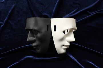Theater arts. Two masks on blue fabric, top view