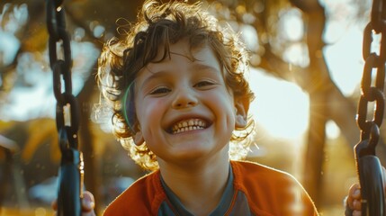 Happy Child Playing on Swing in Sunlit Park - Capturing Joy and Excitement