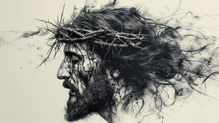 Fototapeta premium A painting depicting the sacred heart of Jesus Christ, an abstract minimalist ink line art drawing of a side profile of the face of Jesus tattered wearing a crown of thorns