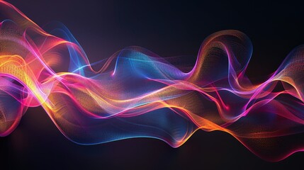 Abstract waves of light graphics in vibrant colors, creating dynamic shapes on a dark backdrop