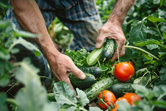 Zbi&oacute;r świeżych pomidor&oacute;w i og&oacute;rk&oacute;w w warzywnym ogrodzie &ndash; ekologiczne warzywa, zdrowa żywność, natura