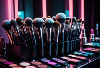 Makeup brushes and decorative cosmetics are neatly arranged on a table in a stylist's room