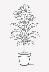 One continuous line drawing of a potted flower on the floor, suitable for coloring pages