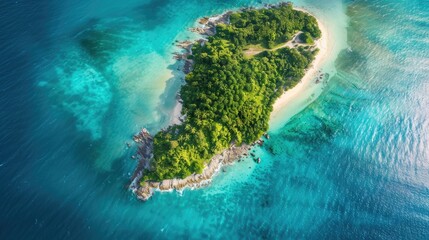 Aerial view of a stunning island surrounded by turquoise sea, showcasing lush greenery and pristine beaches
