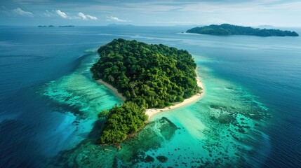 Aerial view of a stunning island surrounded by turquoise sea, showcasing lush greenery and pristine beaches - Powered by Adobe