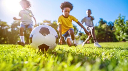 Obraz premium Competitive Children's Soccer Match: Intense Play Moment with Focused Kids on Green Field under Blue Sky