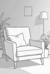 One continuous line drawing of an armchair with pillows, suitable for coloring pages