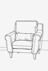 One continuous line drawing of an armchair with pillows, suitable for coloring pages