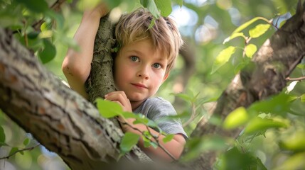 Determined Adventurer: Young Boy Climbing Tree in Backyard Surrounded by Green Leaves and Branches