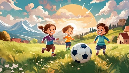 Kids playing football on the green grass