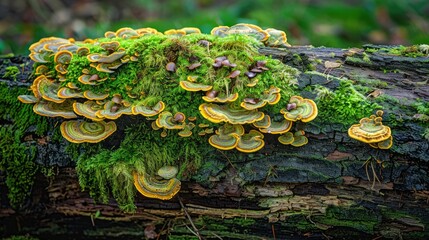 Aged log with vibrant green moss and fungi, highlighting the intricate patterns and textures of decay