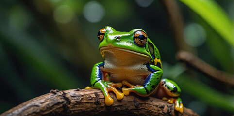 Fototapeta premium wildlife of frogs perched on rocks and trees in the forest