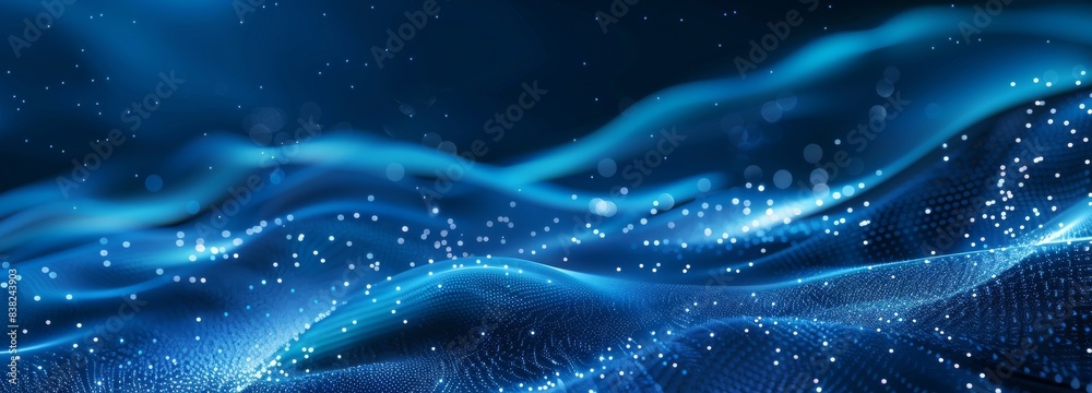 Poster an abstract blue background of points with falling cyber particles. a big data stream rendered in 3-