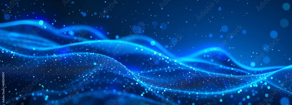 Poster 3d rendering of an abstract blue background with falling cyber particles.