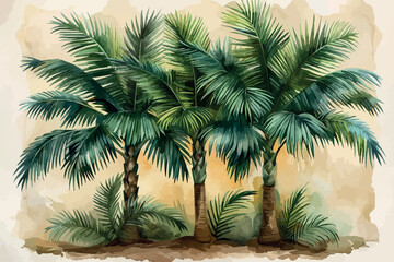 draw a coconut tree using watercolor ,Long Green bush isolated on white background, on isolate white