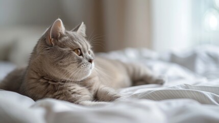 A gray tabby cat lies on a white bedspread, looking off to the side.