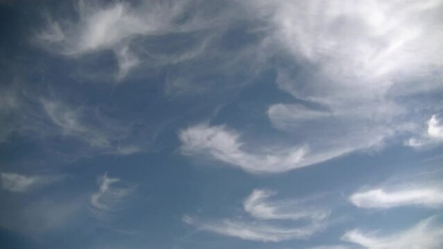 Blue sky and white clouds Cirrus and in motion - natural background, timelapse. Topics: weather, meteorology, nature, season, atmosphere, space