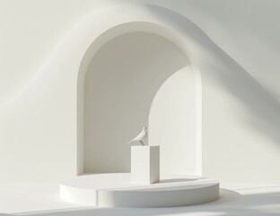 The scene consists of a podium, a bird, and an abstract background. Atmosphere is pastel cream or beige colors. Excellent for banners, promotions, cosmetic product shows, and fashion shows.