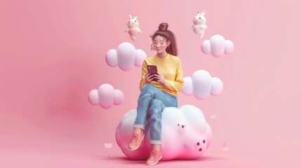 The scene depicts a young black woman on the windowsill floating in the clouds with a laptop, a cat, an owl, and colorful plants. She wears a purple t-shirt, blue jeans, orange sneakers, white socks,