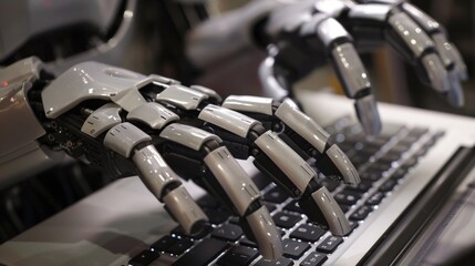 Obraz premium Robot hands typing on the keyboard of a laptop