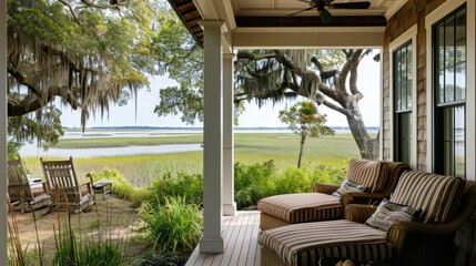 Charming covered porch with striped chairs and ottoman overlooking scenic marshland and Morris Island in Beaumont, South Carolina. Wood-paneled walls and white ceiling with large windows open to ocean